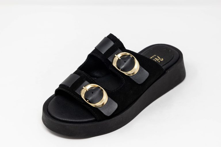 Sandal Donna Γυναικεία χειροποίητα δερμάτινα σανδάλια Donna από μαύρο δέρμα καστόρι με χρυσές αγκράφες