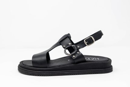 Sandal Electra side Γυναικεία χειροποίητα δερμάτινα σανδάλια Electra σε μαύρο χρώμα με μεταλλικό κρίκο