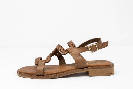 Sandal Festos side Γυναικεία χειροποίητα δερμάτινα σανδάλια Festos σε ταμπά απόχρωση με σχέδιο πλέξης