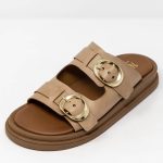 Sandal Hanna Γυναικεία χειροποίητα δερμάτινα σανδάλια Hanna σε nude απόχρωση με χρυσές αγκράφες